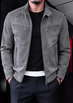 Men’s Faux Suede Moto Jacket – Stand Collar Multi-Zip Casual Jacket
