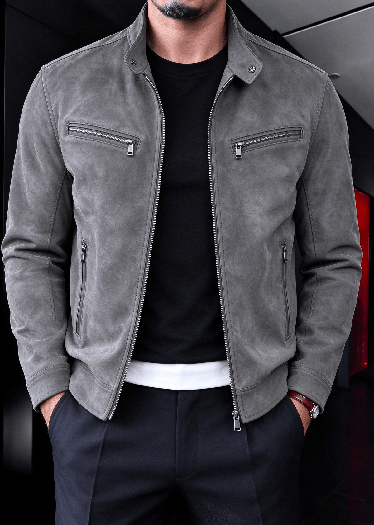 Men’s Faux Suede Moto Jacket – Stand Collar Multi-Zip Casual Jacket