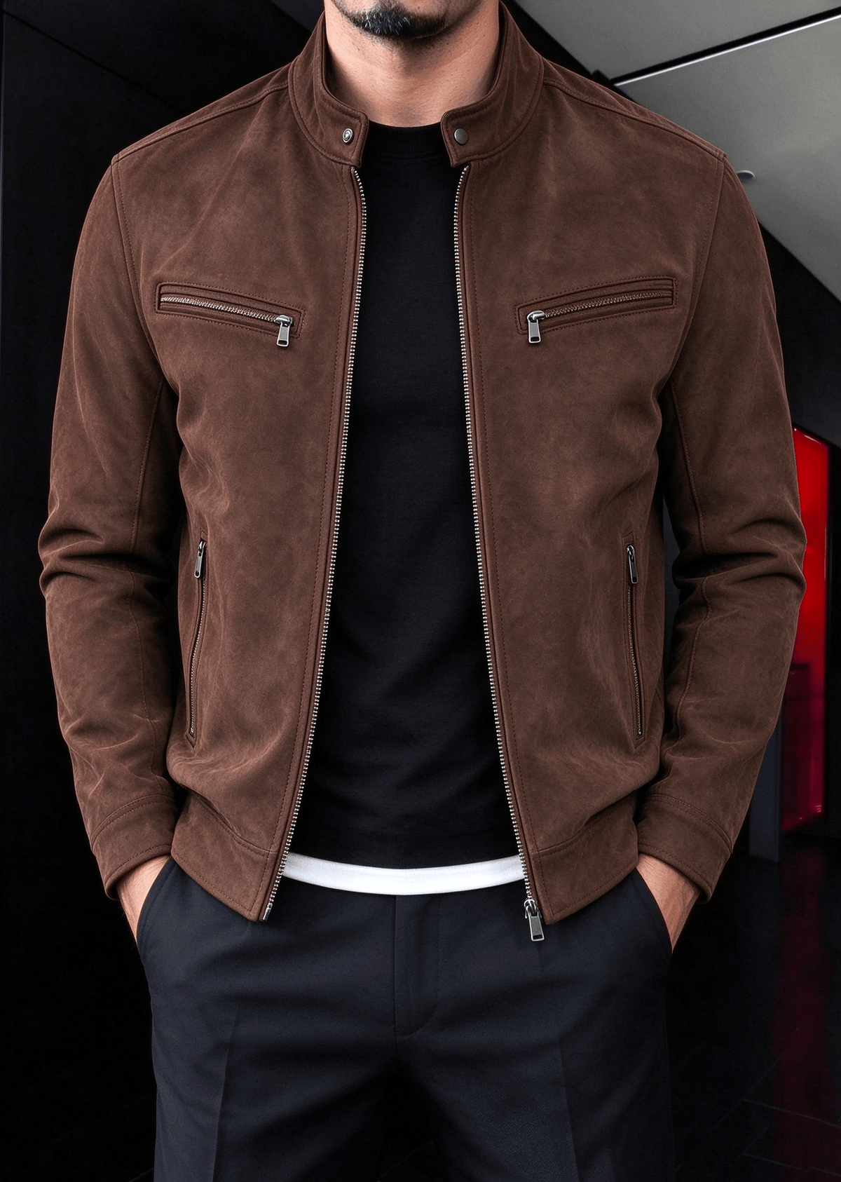 Men’s Faux Suede Moto Jacket – Stand Collar Multi-Zip Casual Jacket