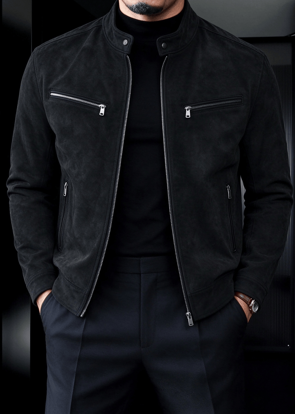 Men’s Faux Suede Moto Jacket – Stand Collar Multi-Zip Casual Jacket