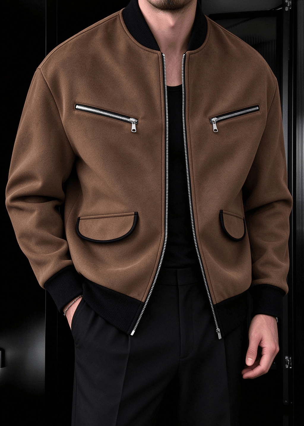 Men’s Vintage Streetwear Faux Suede Bomber Jacket – Zip Pocket Baseball Collar Casual Coat