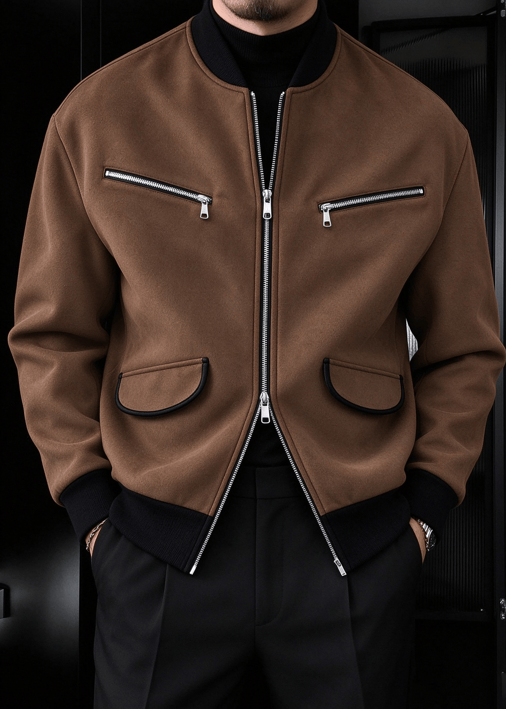 Men’s Vintage Streetwear Faux Suede Bomber Jacket – Zip Pocket Baseball Collar Casual Coat