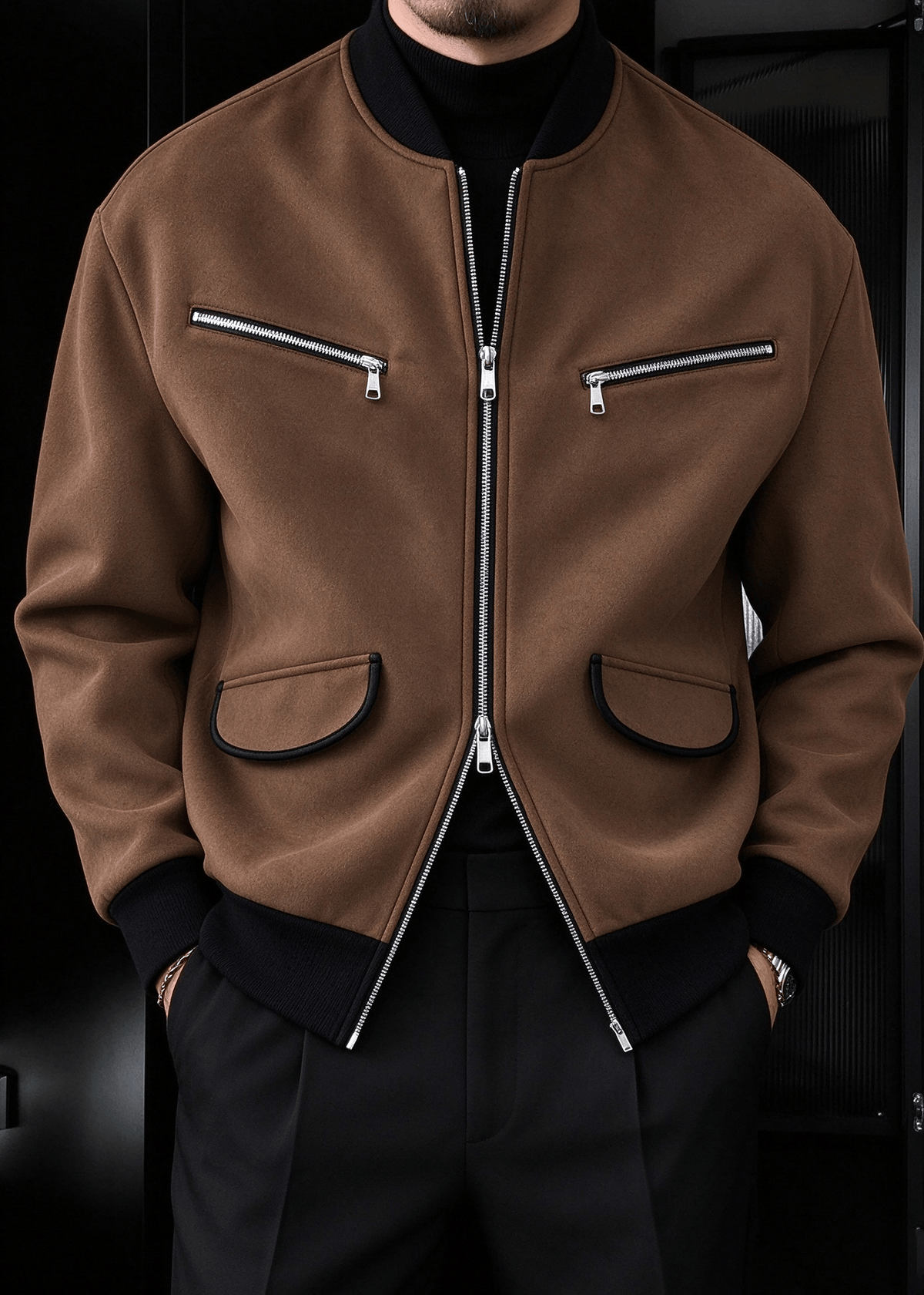 Men’s Vintage Streetwear Faux Suede Bomber Jacket – Zip Pocket Baseball Collar Casual Coat