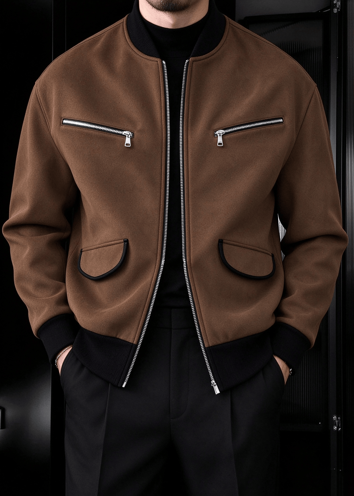 Men’s Vintage Streetwear Faux Suede Bomber Jacket – Zip Pocket Baseball Collar Casual Coat