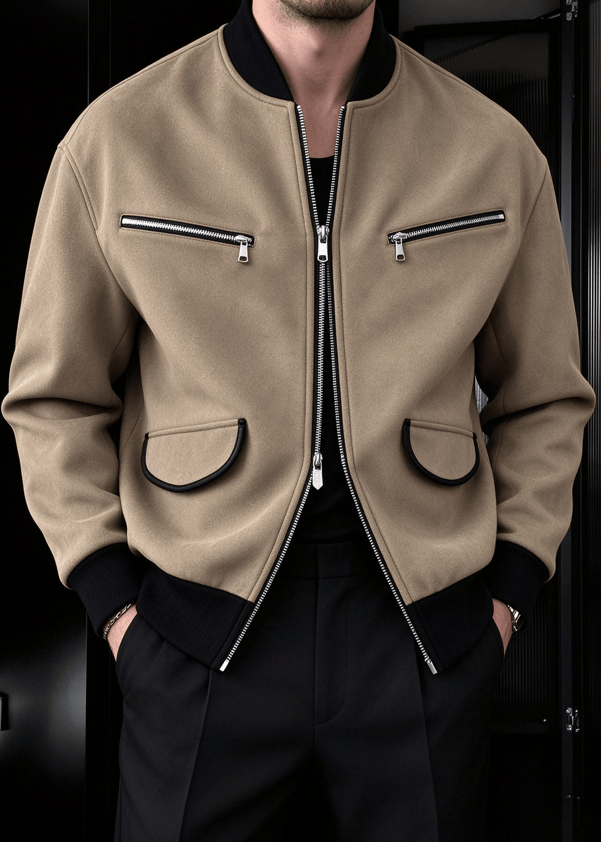 Men’s Vintage Streetwear Faux Suede Bomber Jacket – Zip Pocket Baseball Collar Casual Coat