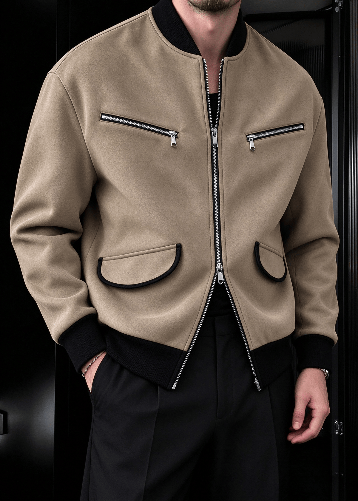 Men’s Vintage Streetwear Faux Suede Bomber Jacket – Zip Pocket Baseball Collar Casual Coat