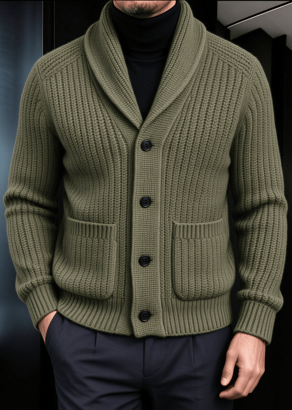 Men’s Chunky Ribbed Knit Shawl Collar Cardigan