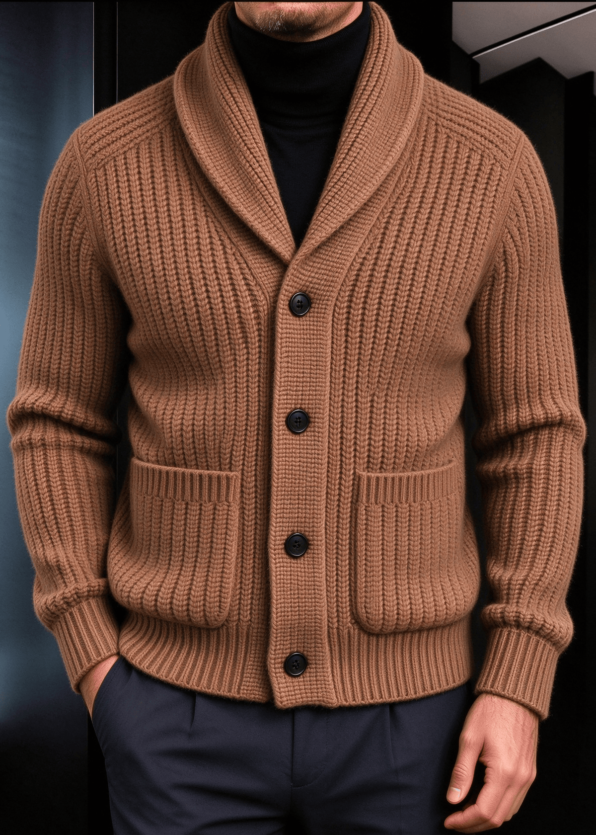 Men’s Chunky Ribbed Knit Shawl Collar Cardigan