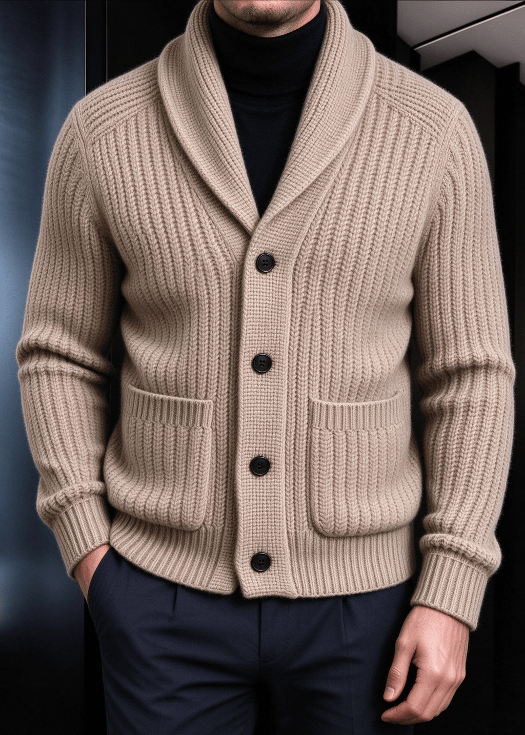 Men’s Chunky Ribbed Knit Shawl Collar Cardigan