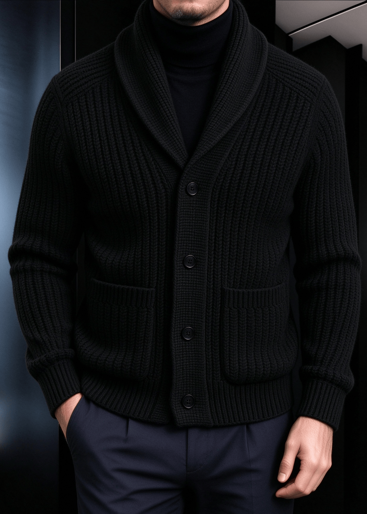 Men’s Chunky Ribbed Knit Shawl Collar Cardigan