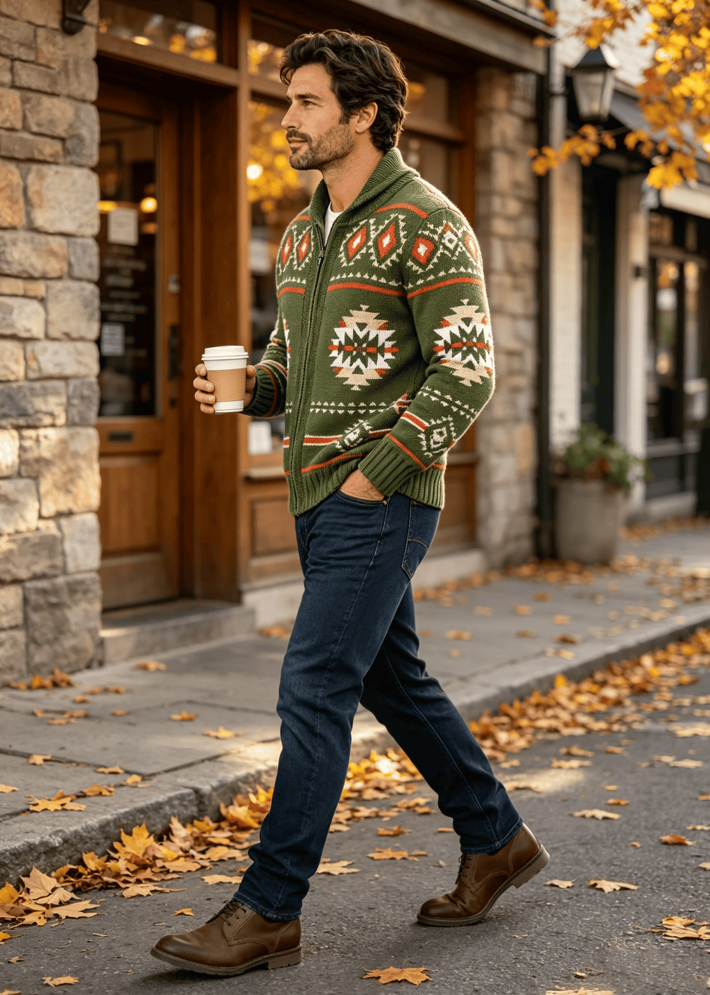Vintage Navajo Jacquard Zip-Up Cardigan – Men's Heavyweight Shawl Collar Knit Sweater