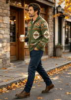 Vintage Navajo Jacquard Zip-Up Cardigan – Men's Heavyweight Shawl Collar Knit Sweater