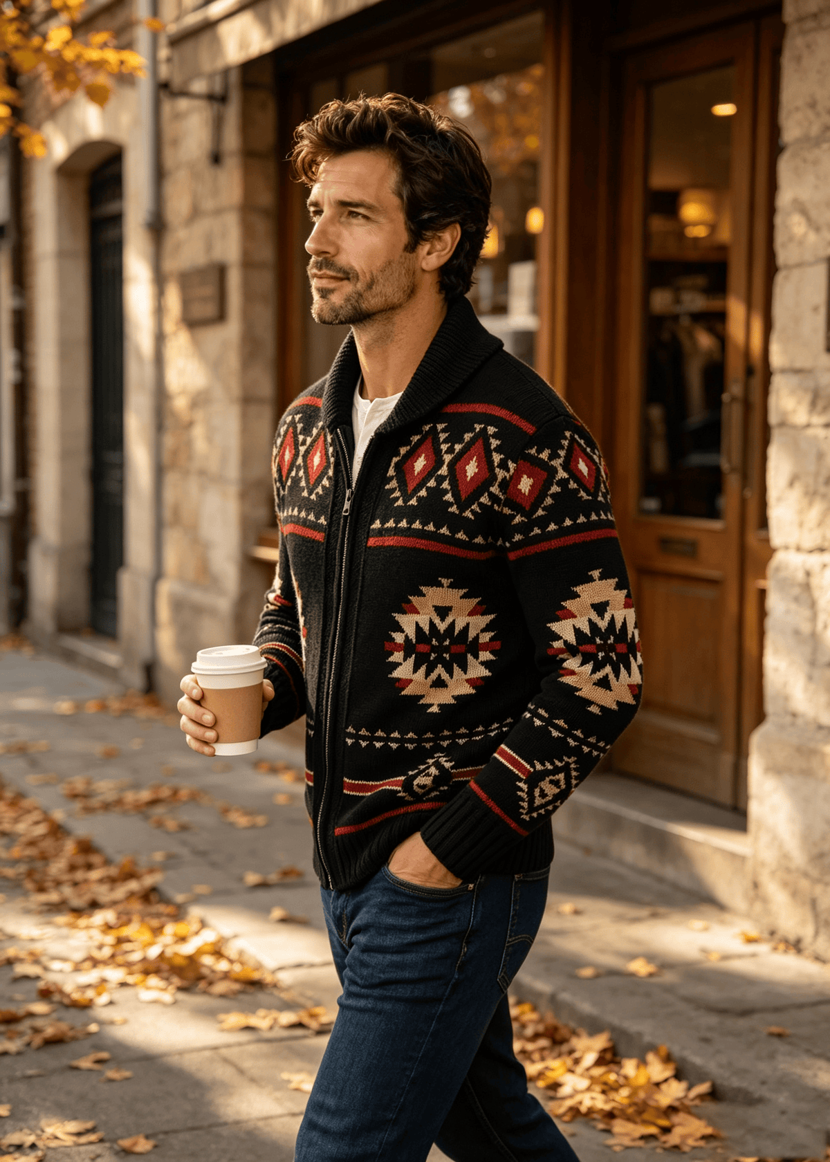Vintage Navajo Jacquard Zip-Up Cardigan – Men's Heavyweight Shawl Collar Knit Sweater