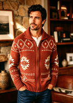 Vintage Navajo Jacquard Zip-Up Cardigan – Men's Heavyweight Shawl Collar Knit Sweater