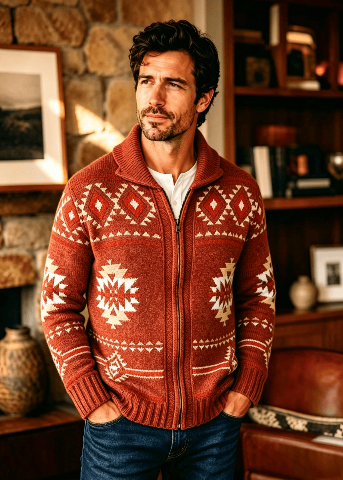 Vintage Navajo Jacquard Zip-Up Cardigan – Men's Heavyweight Shawl Collar Knit Sweater
