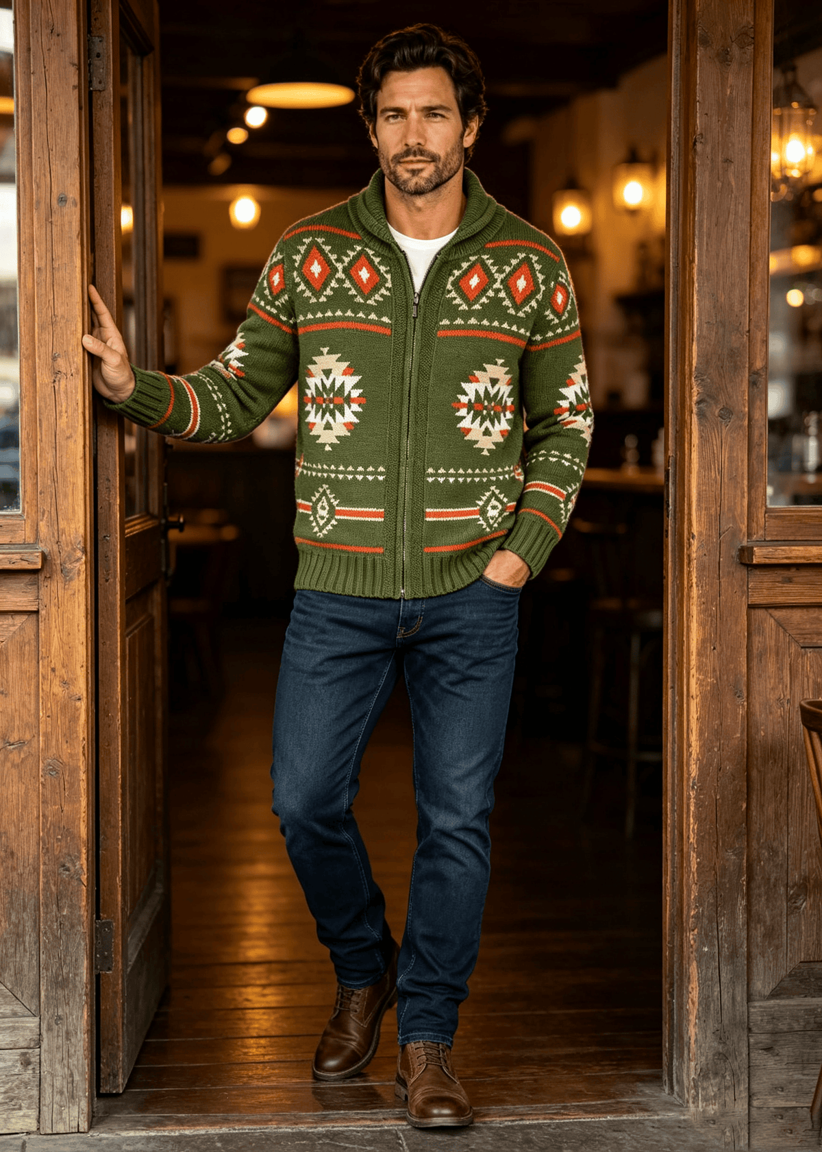 Vintage Navajo Jacquard Zip-Up Cardigan – Men's Heavyweight Shawl Collar Knit Sweater