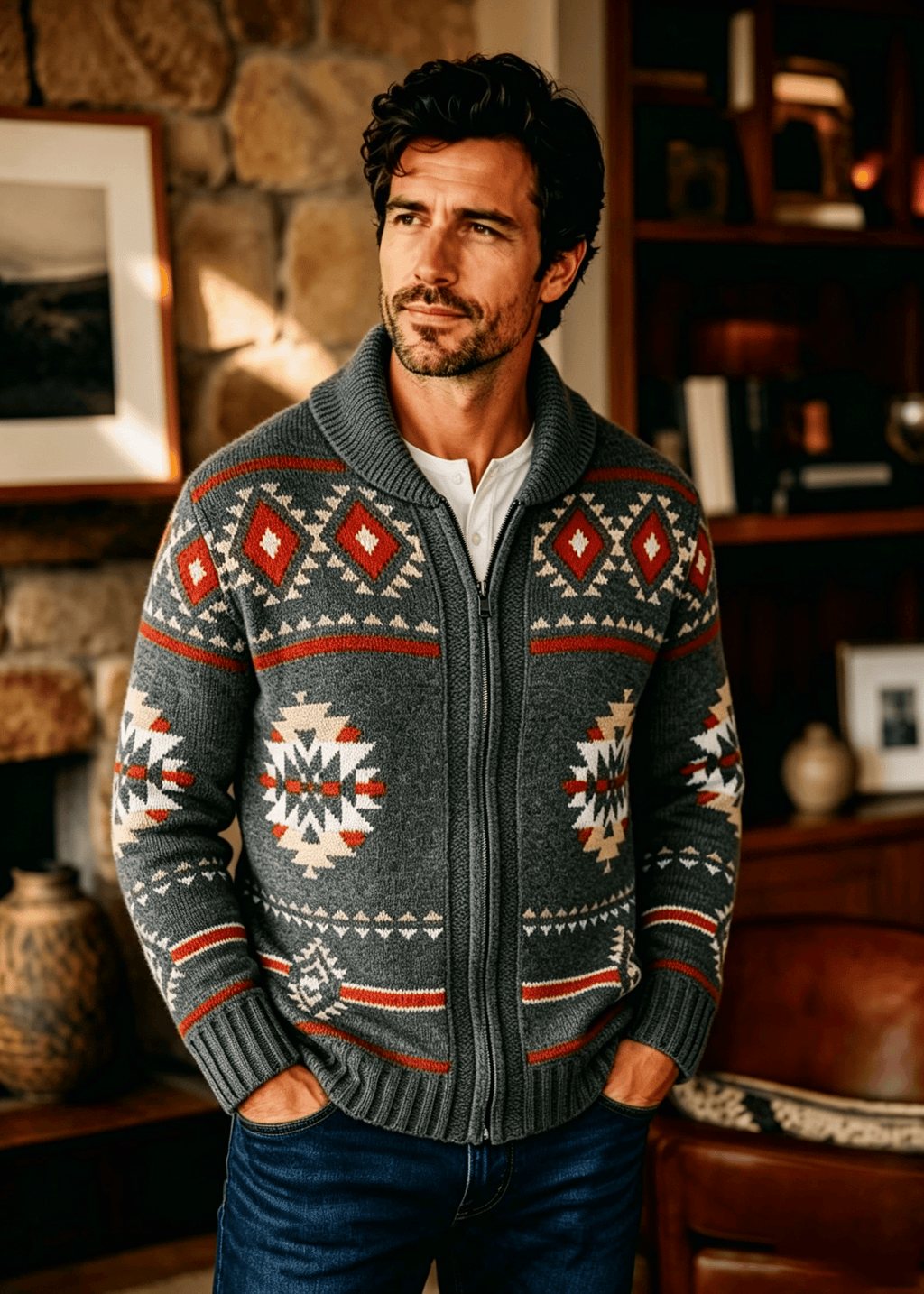 Vintage Navajo Jacquard Zip-Up Cardigan – Men's Heavyweight Shawl Collar Knit Sweater