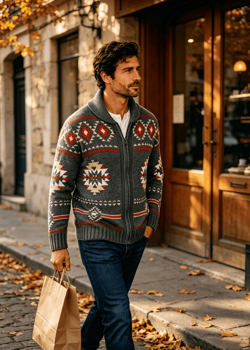 Vintage Navajo Jacquard Zip-Up Cardigan – Men's Heavyweight Shawl Collar Knit Sweater