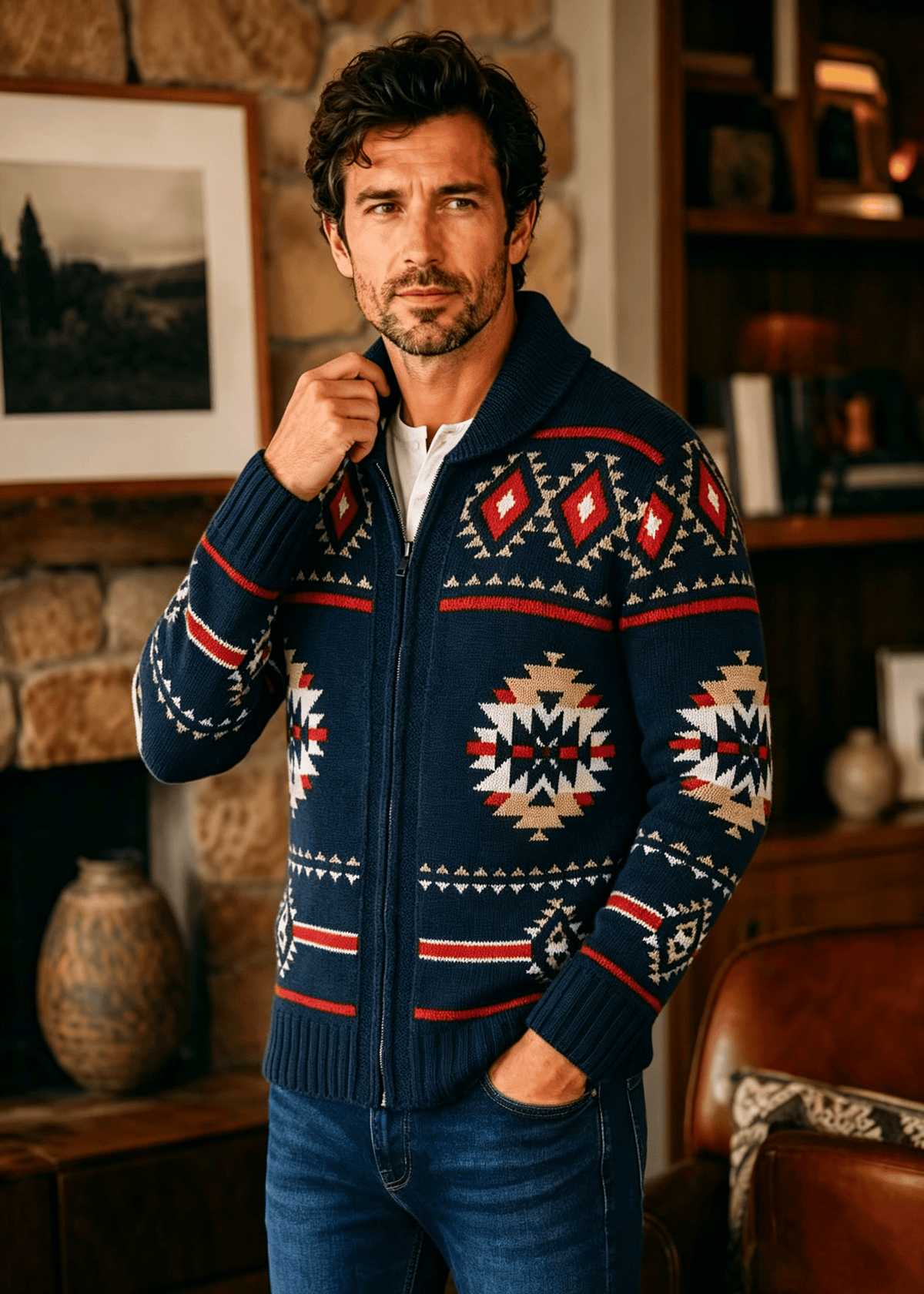 Vintage Navajo Jacquard Zip-Up Cardigan – Men's Heavyweight Shawl Collar Knit Sweater