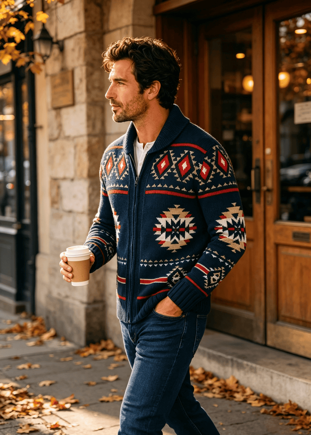 Vintage Navajo Jacquard Zip-Up Cardigan – Men's Heavyweight Shawl Collar Knit Sweater