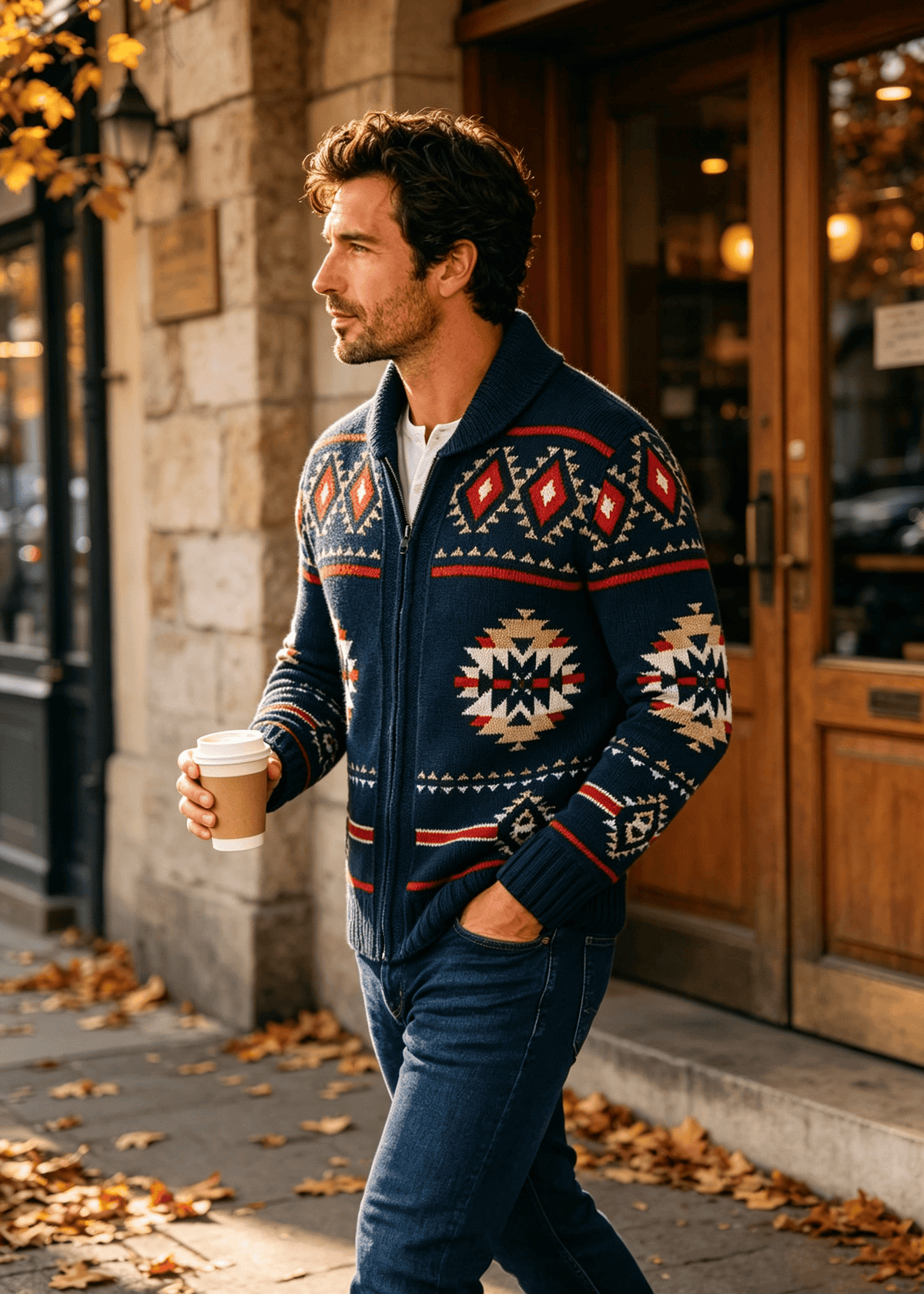 Vintage Navajo Jacquard Zip-Up Cardigan – Men's Heavyweight Shawl Collar Knit Sweater