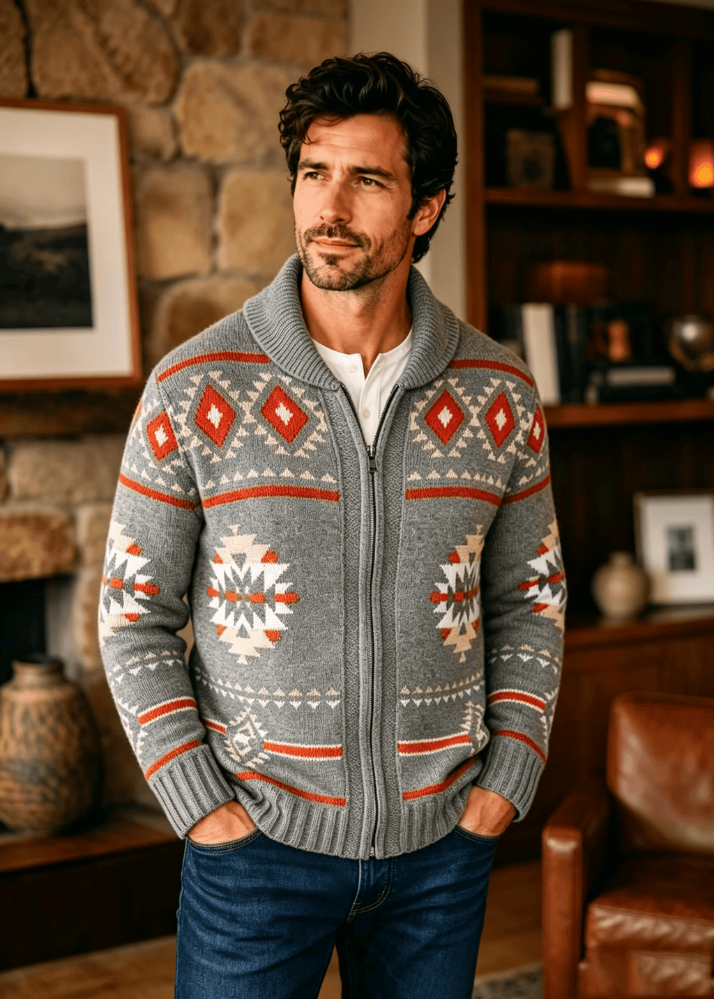 Vintage Navajo Jacquard Zip-Up Cardigan – Men's Heavyweight Shawl Collar Knit Sweater