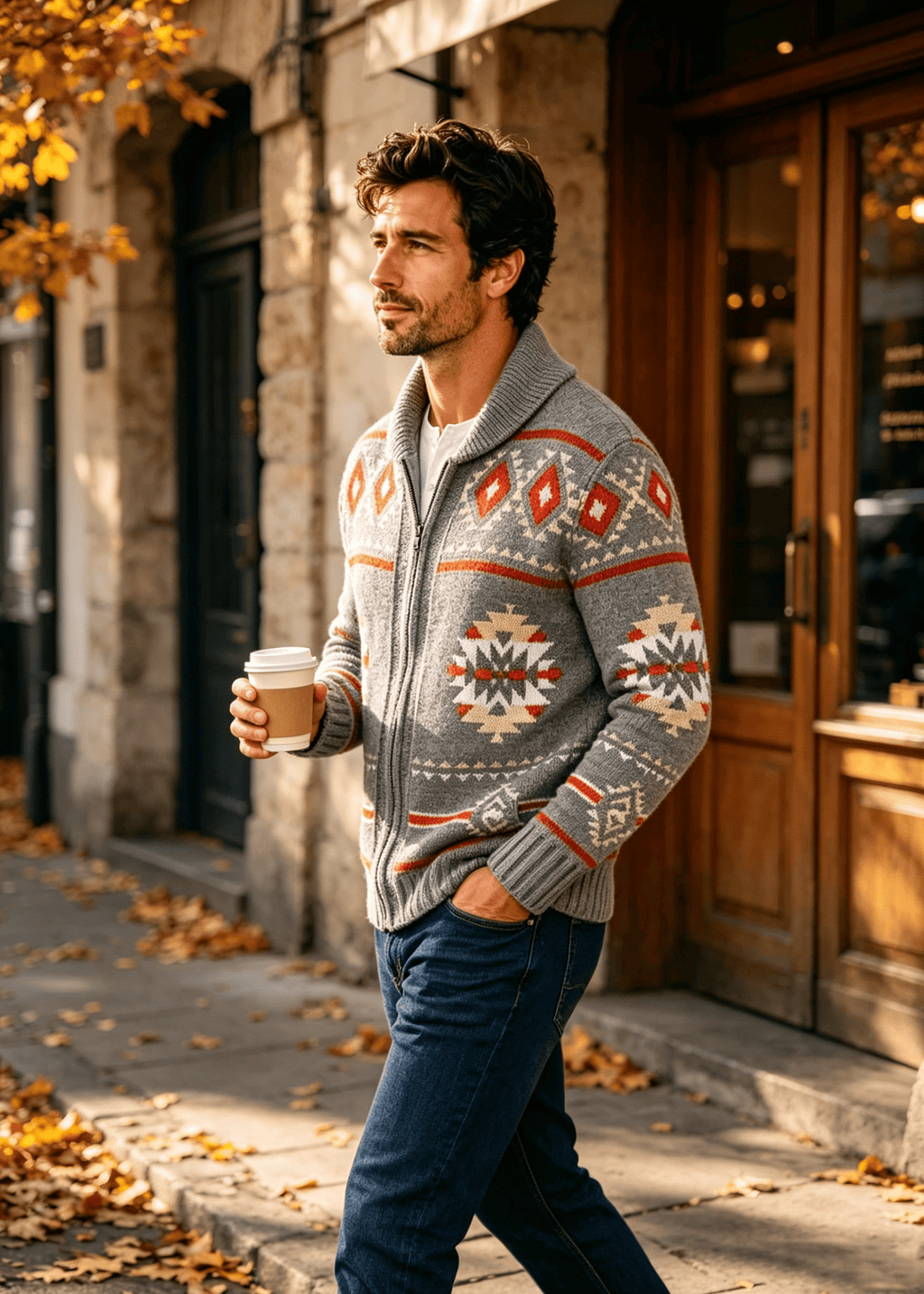 Vintage Navajo Jacquard Zip-Up Cardigan – Men's Heavyweight Shawl Collar Knit Sweater