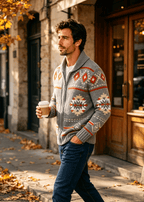 Vintage Navajo Jacquard Zip-Up Cardigan – Men's Heavyweight Shawl Collar Knit Sweater