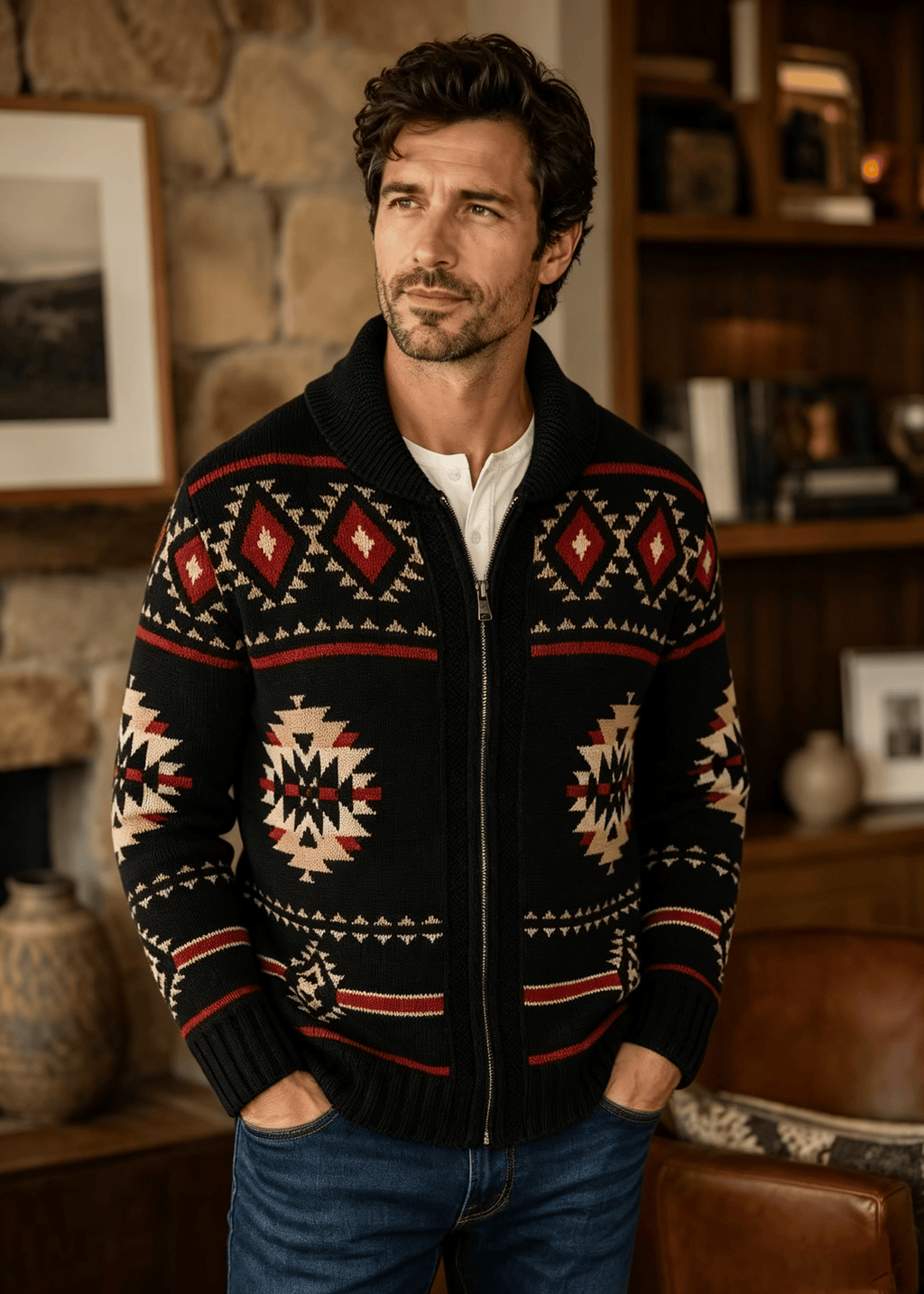 Vintage Navajo Jacquard Zip-Up Cardigan – Men's Heavyweight Shawl Collar Knit Sweater