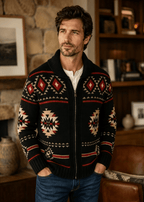 Vintage Navajo Jacquard Zip-Up Cardigan – Men's Heavyweight Shawl Collar Knit Sweater