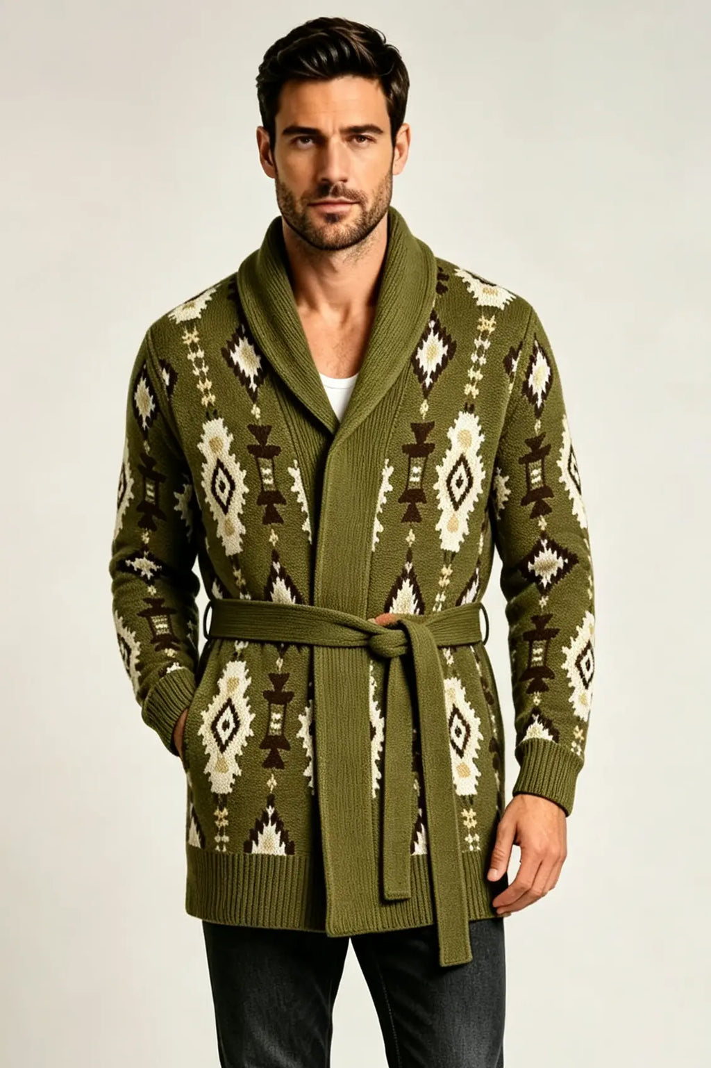 Men’s Retro Geometric Jacquard Shawl Collar Belted Cardigan