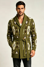 Men’s Retro Geometric Jacquard Shawl Collar Belted Cardigan