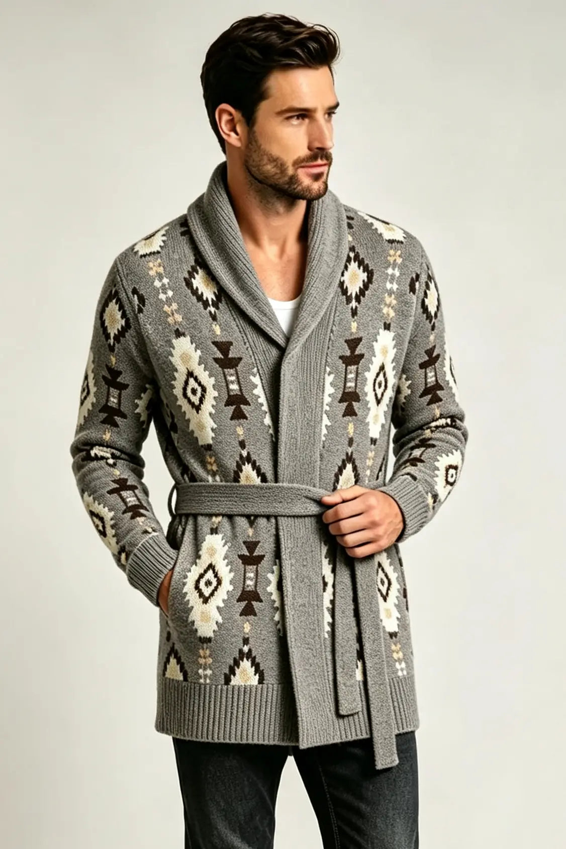 Men’s Retro Geometric Jacquard Shawl Collar Belted Cardigan