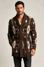 Men’s Retro Geometric Jacquard Shawl Collar Belted Cardigan
