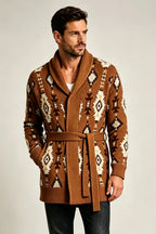 Men’s Retro Geometric Jacquard Shawl Collar Belted Cardigan