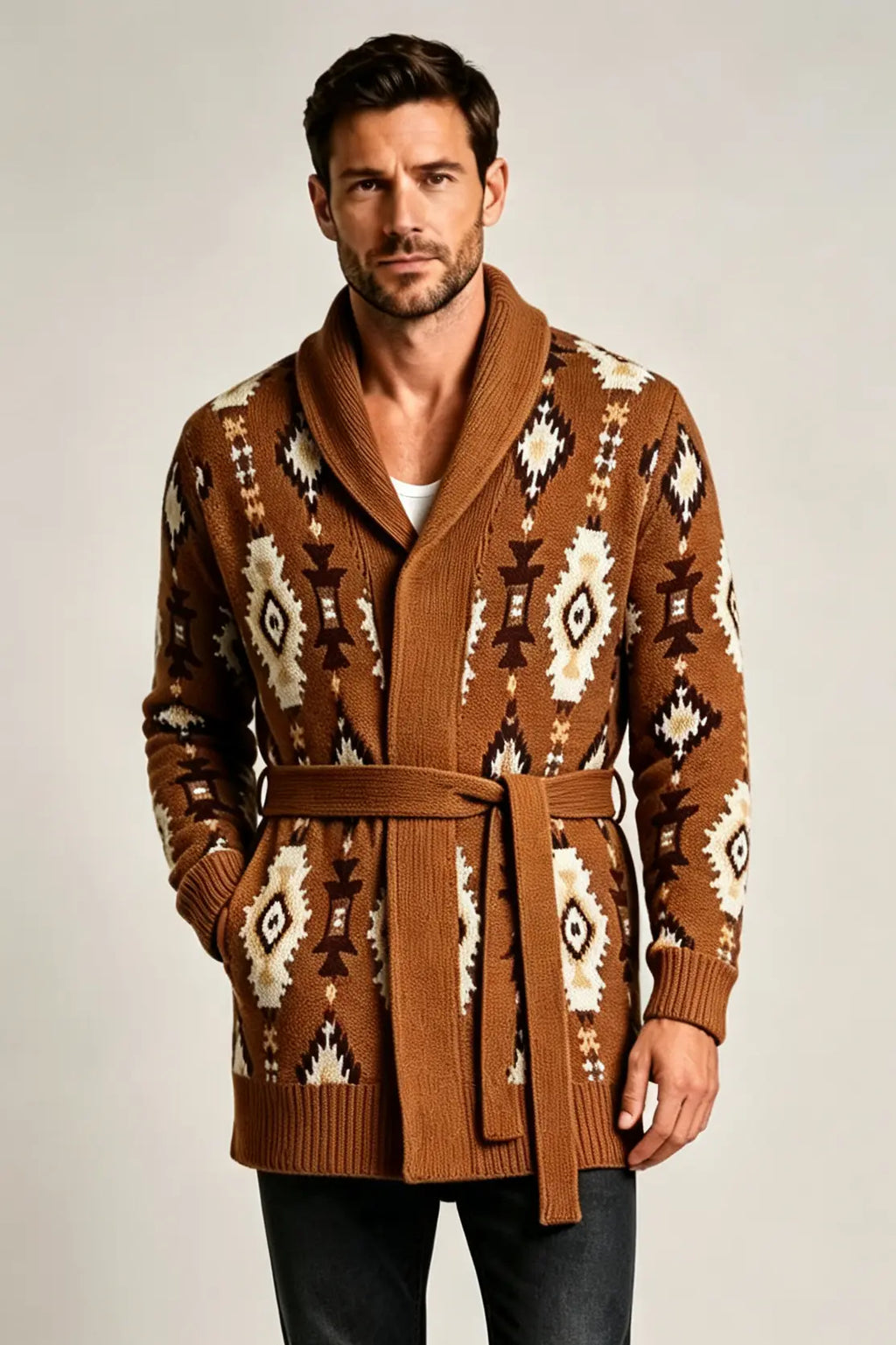 Men’s Retro Geometric Jacquard Shawl Collar Belted Cardigan