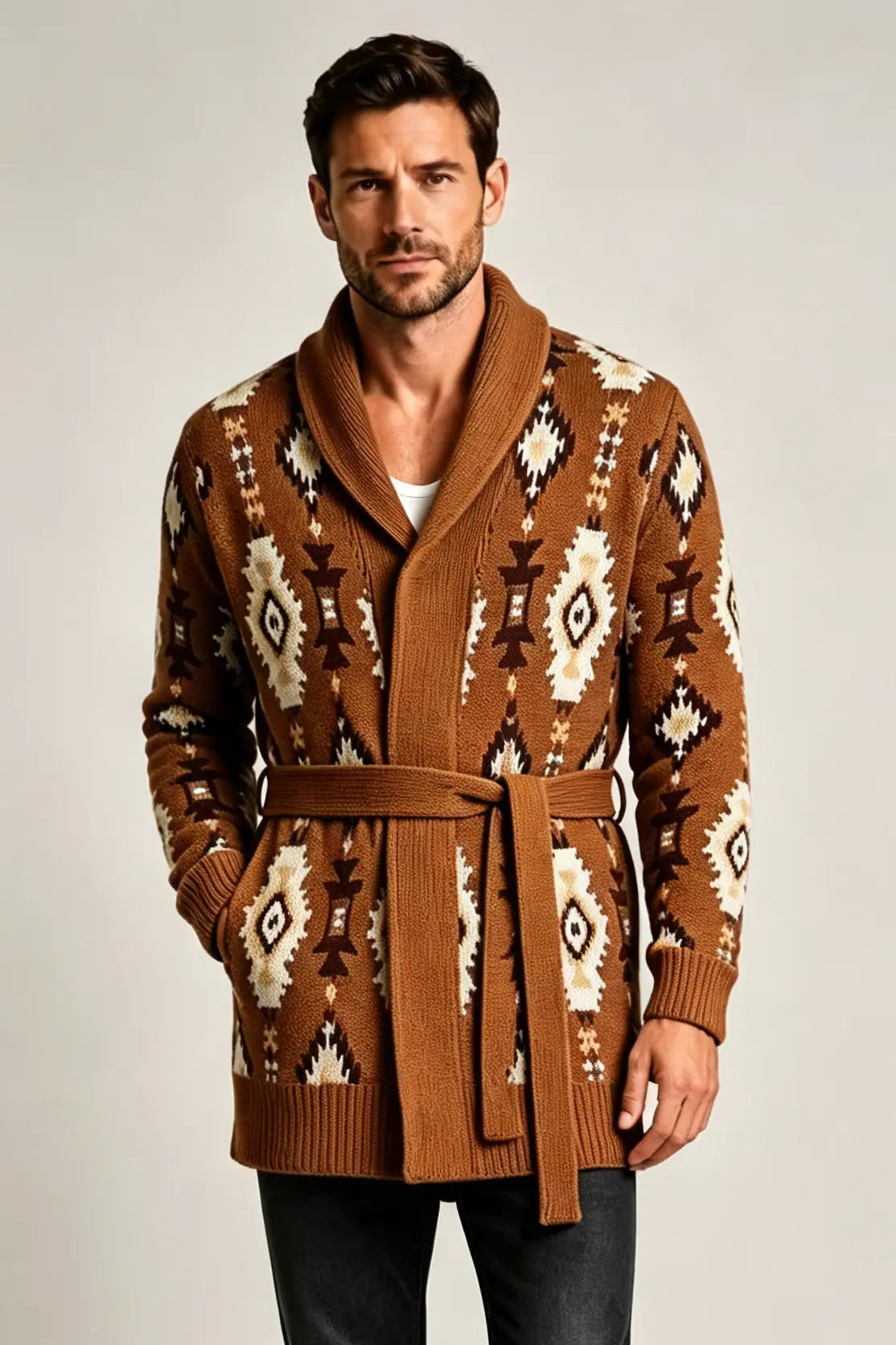 Men’s Retro Geometric Jacquard Shawl Collar Belted Cardigan