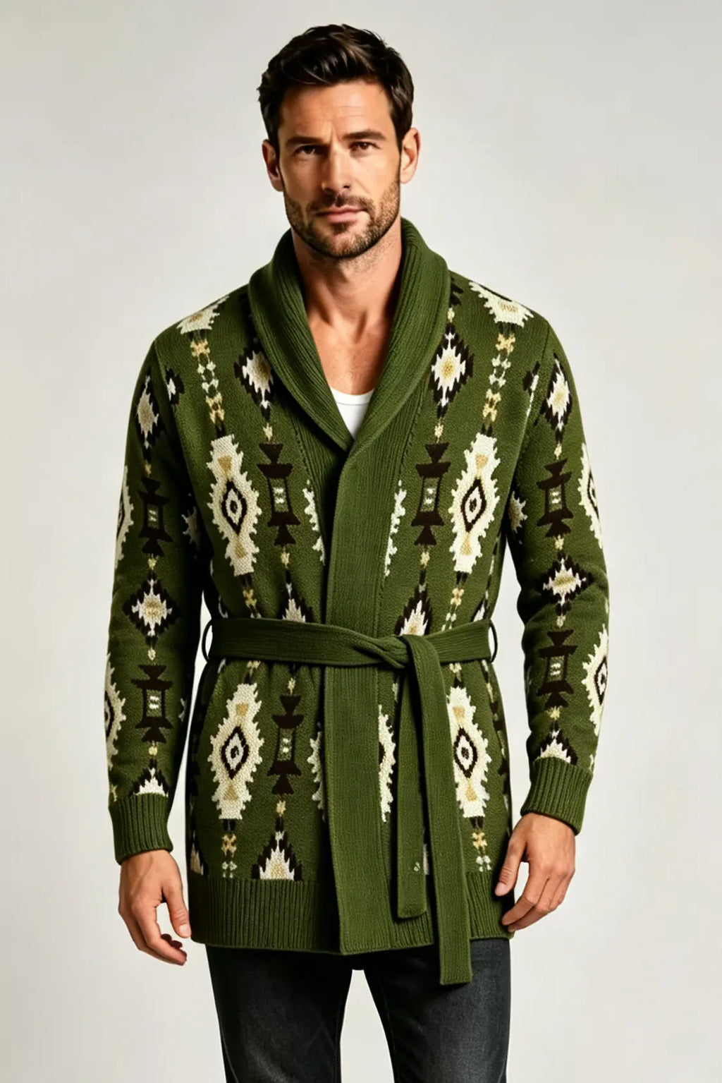 Men’s Retro Geometric Jacquard Shawl Collar Belted Cardigan