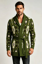 Men’s Retro Geometric Jacquard Shawl Collar Belted Cardigan