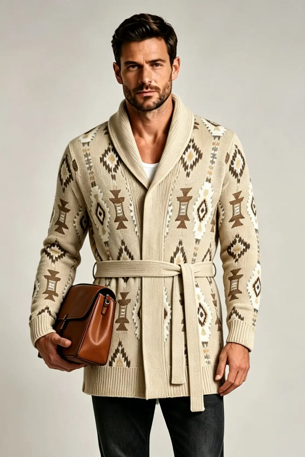 Men’s Retro Geometric Jacquard Shawl Collar Belted Cardigan
