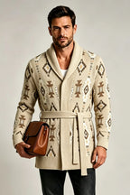 Men’s Retro Geometric Jacquard Shawl Collar Belted Cardigan