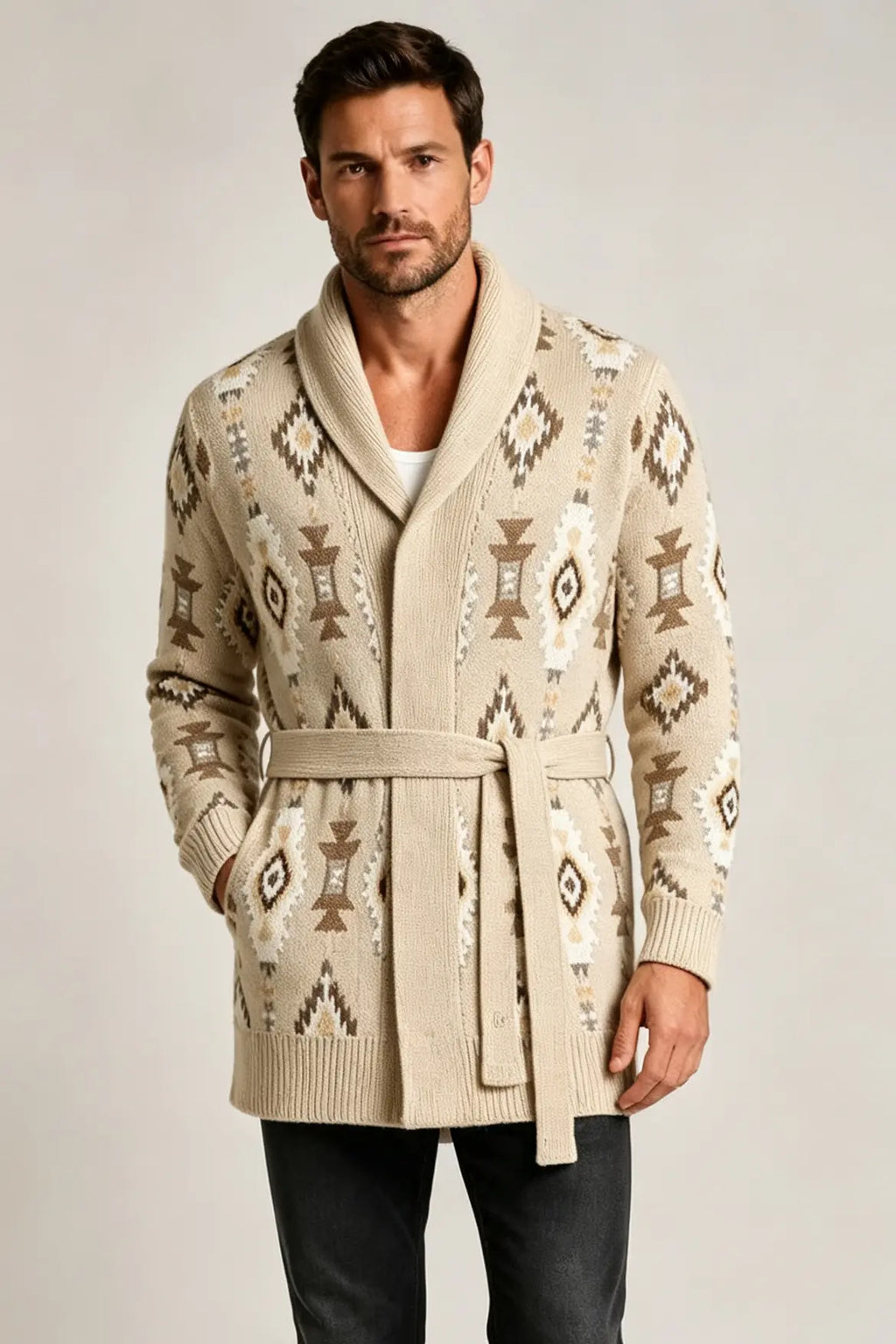 Men’s Retro Geometric Jacquard Shawl Collar Belted Cardigan
