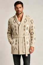 Men’s Retro Geometric Jacquard Shawl Collar Belted Cardigan