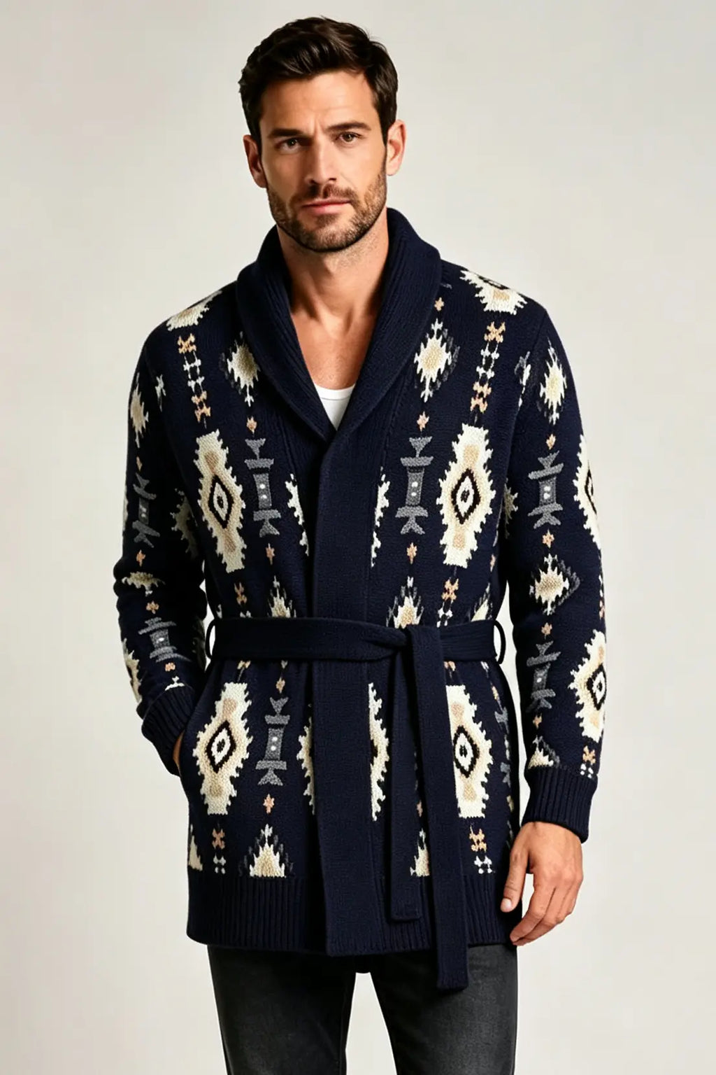 Men’s Retro Geometric Jacquard Shawl Collar Belted Cardigan