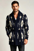 Men’s Retro Geometric Jacquard Shawl Collar Belted Cardigan