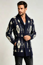 Men’s Retro Geometric Jacquard Shawl Collar Belted Cardigan