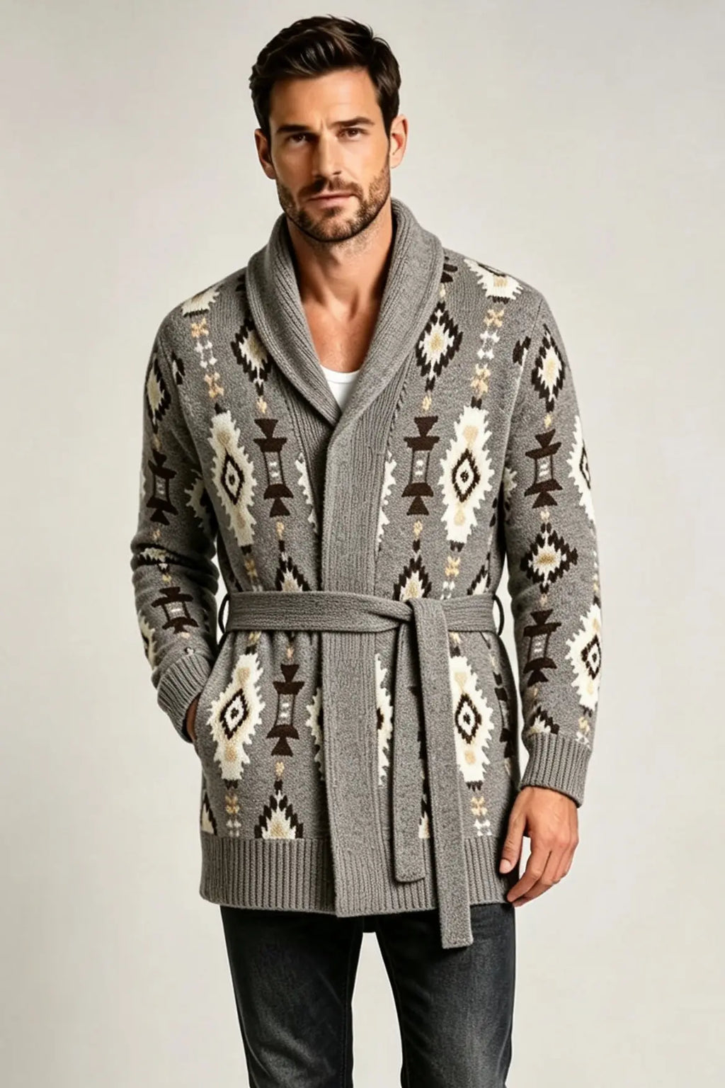 Men’s Retro Geometric Jacquard Shawl Collar Belted Cardigan