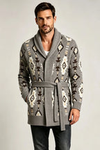 Men’s Retro Geometric Jacquard Shawl Collar Belted Cardigan