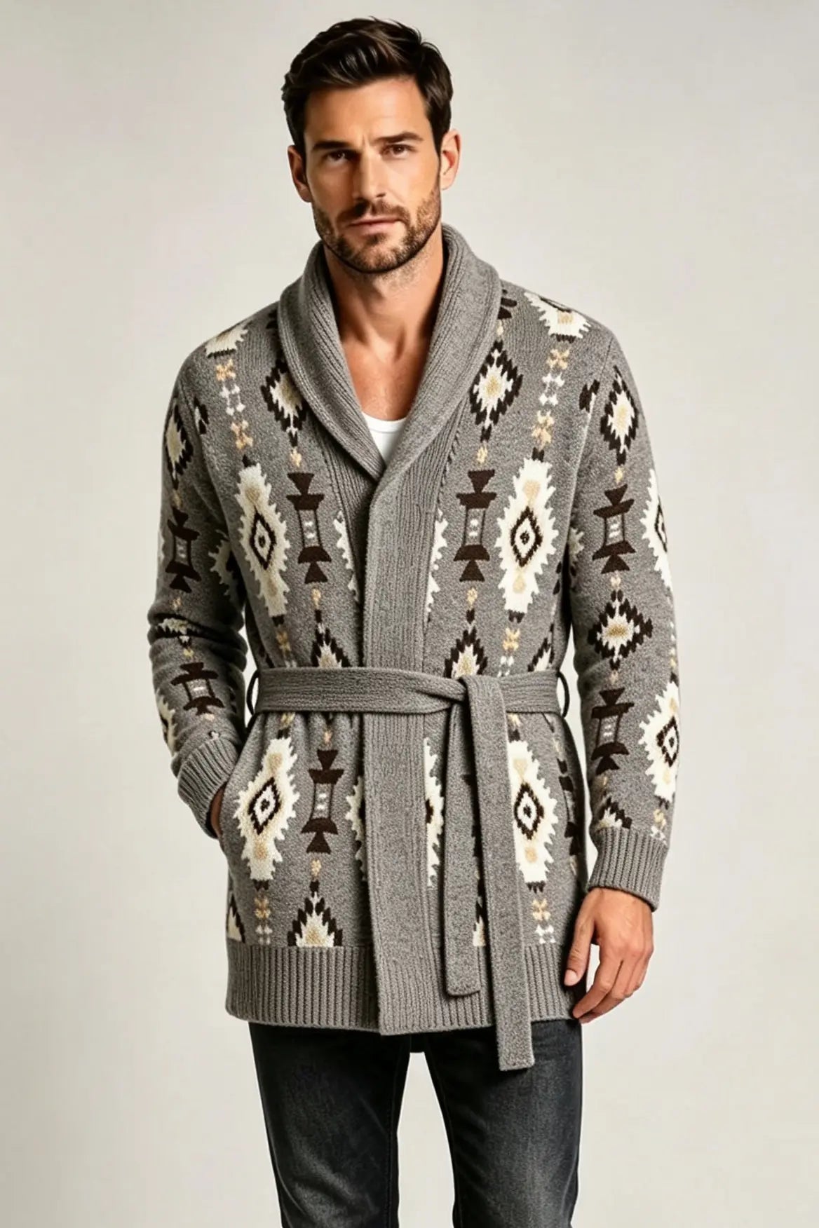 Men’s Retro Geometric Jacquard Shawl Collar Belted Cardigan