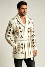 Men’s Retro Geometric Jacquard Shawl Collar Belted Cardigan